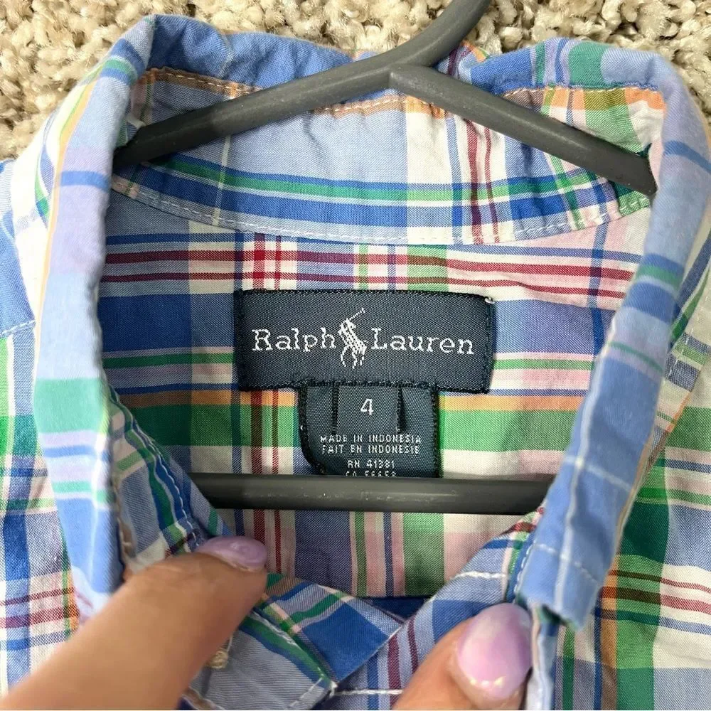 Ralph Lauren Shirt Boys 4 Light Blue, Green & Pink Plaid Long Sleeve Button Down